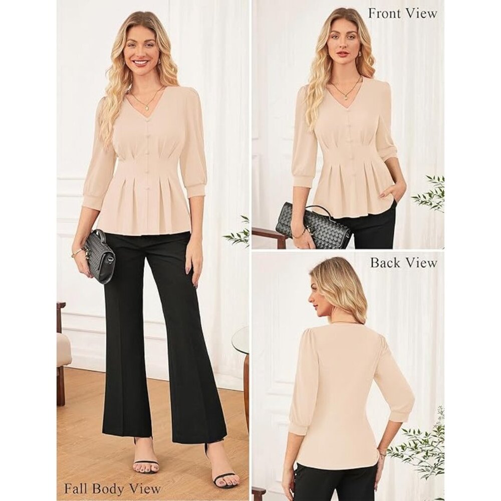 GRACE KARIN  Business Casual Blouse Spring 3/4 Sleeve Peplum Apricot M NEW - Picture 3 of 10